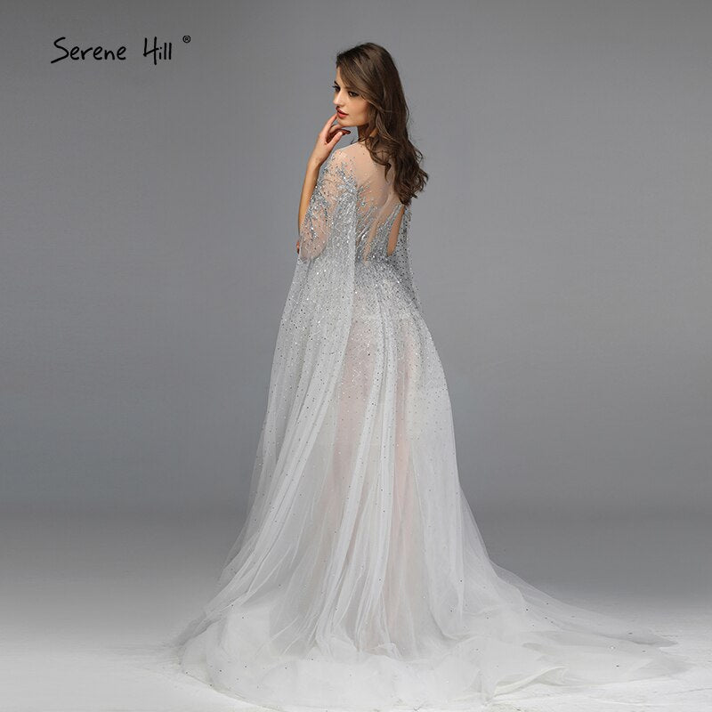 Vestidos de noche de lujo con cuello en A, mangas largas y apliques de cuentas, corte A, sexys, de Cerene Hill (LA60869)
