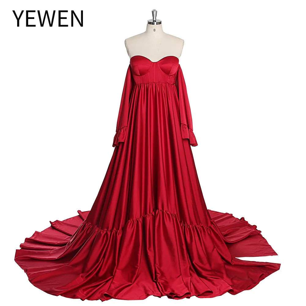 Weiches Satin-Kleid, lang, schulterfrei, für Schwangerschaft, Babyparty, Fotoshooting, SY220701