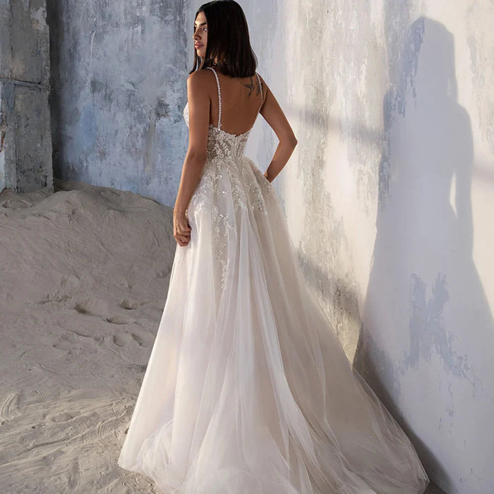 Spaghetti Strap Wedding Dress A-Line Sleeveless Side Slit Lace Appliques Backless Custom Made To Measures Robe De Mariee Beach-payinti