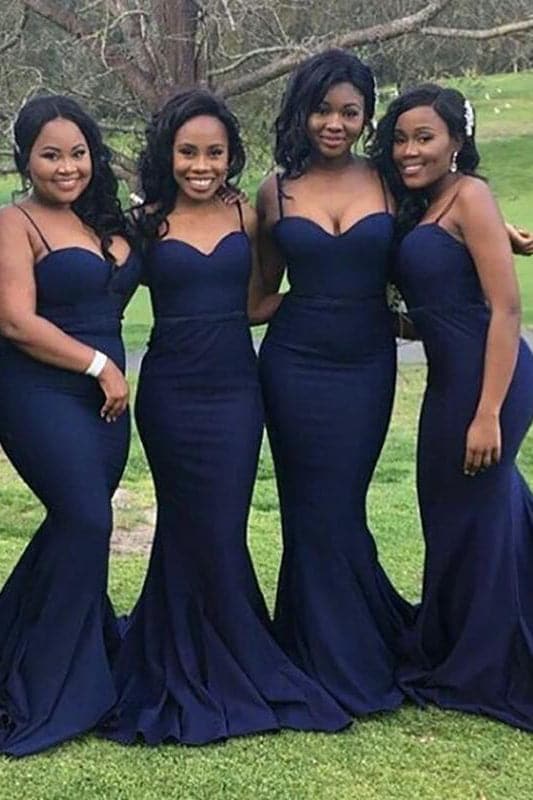 Vestido de dama de honor azul marino con tirantes finos y corte sirena SCB59