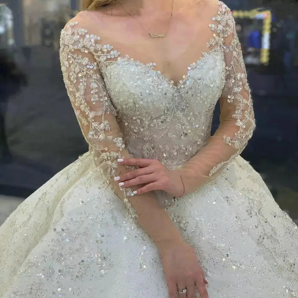 Sparkly Beading Wedding Dress Long Sleeves 2023 Vestido De Noiva Lace Up Pageant Beading Bridal Gowns Custom Made Hochzeitskleid-payinti