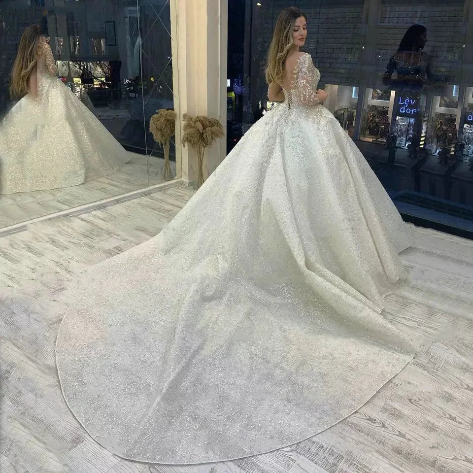 Sparkly Beading Wedding Dress Long Sleeves 2023 Vestido De Noiva Lace Up Pageant Beading Bridal Gowns Custom Made Hochzeitskleid-payinti