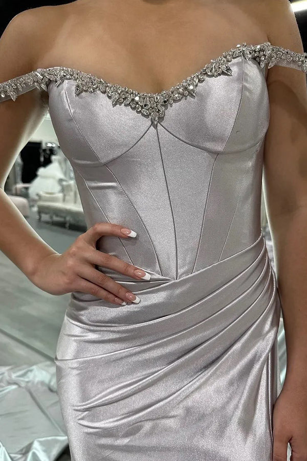 Sparkly Mermaid Silver Off the Shoulder Corset Long Prom Dress