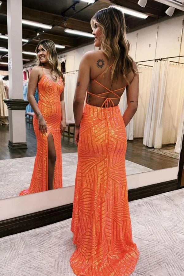 Sparkly Sequin Orange Long Glitter Prom Dress With Split PSK443