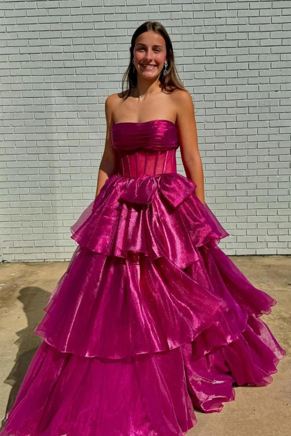 Strapless A-line Corset Fuchsia Long Prom Dress With Split