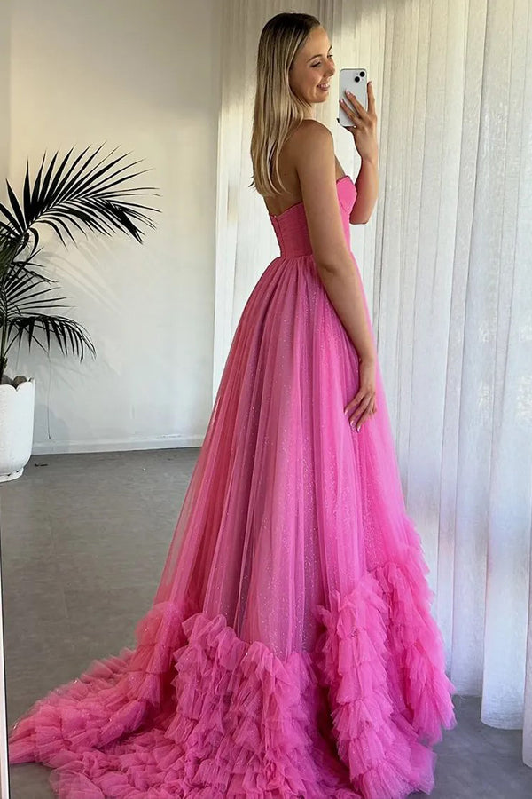 Strapless Corset Ruffles Tulle Fuchsia Long Prom Dress