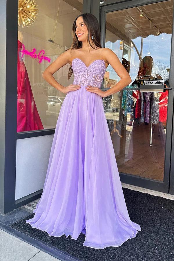 Trägerloses, langes Abendkleid aus lila Tüll in A-Linie, bodenlang, Ballkleid PSK408