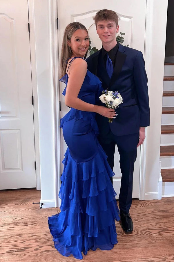 Straps Mermaid Ruffle Tiered Green Long Prom Dress With Slit