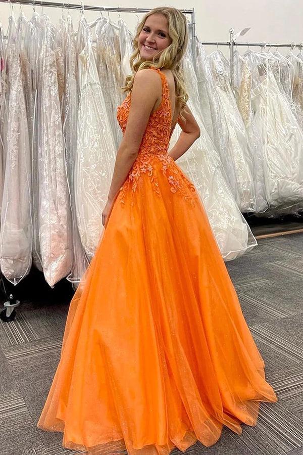 Stunning A-Line V-Neck Orange Long Prom Dress With Appliques