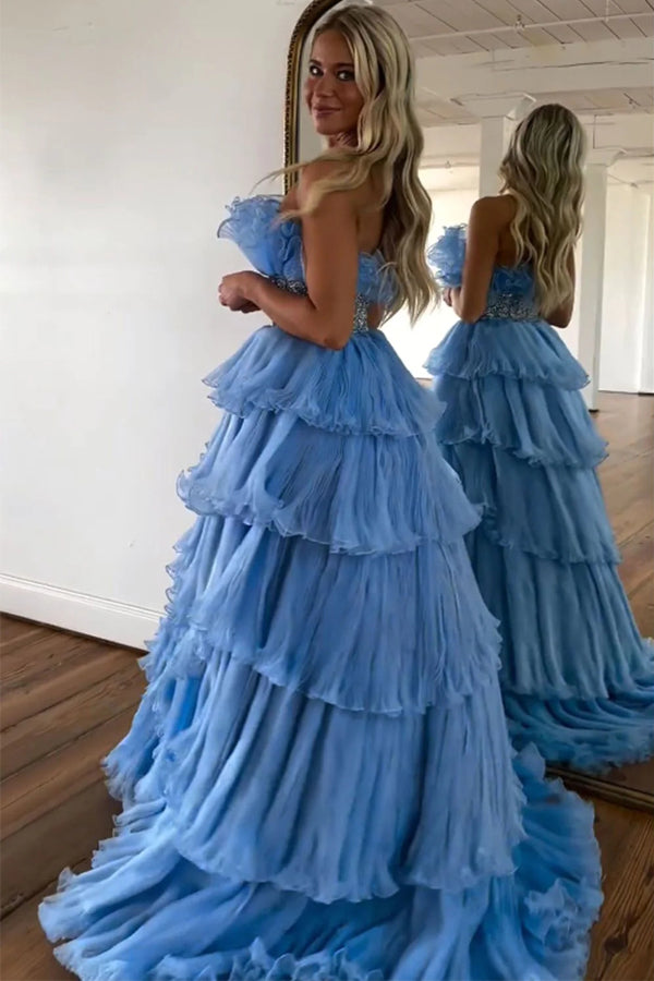 Stilvolles blaues trägerloses A-Linien-Ballkleid mit langen Stufen und Gürtel PSK483