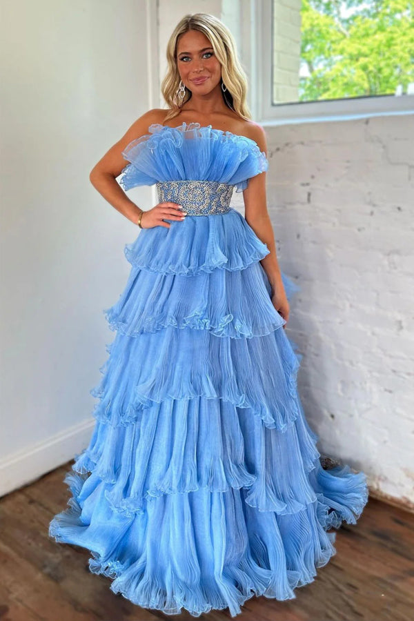 Stilvolles blaues trägerloses A-Linien-Ballkleid mit langen Stufen und Gürtel PSK483