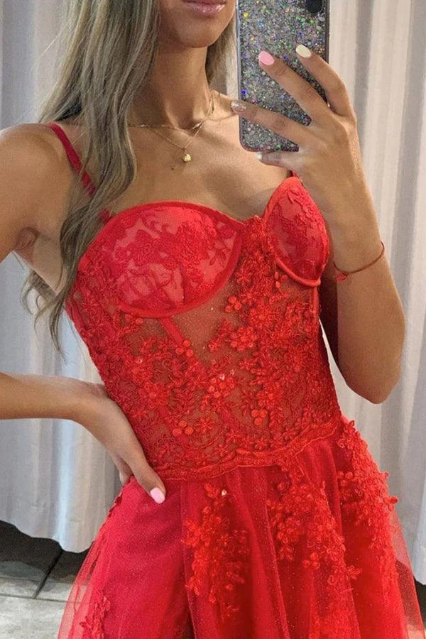 Sweetheart A-line Red Lace Sparkly Tulle Prom Dresses Formal Dresses