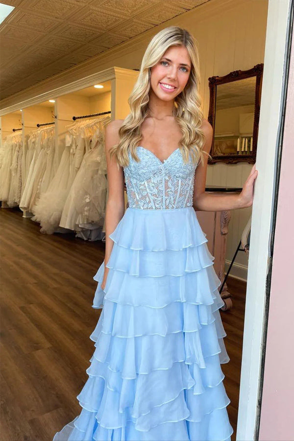 Sweetheart Lace Chiffon Corset Long Prom Dresses Ruffle