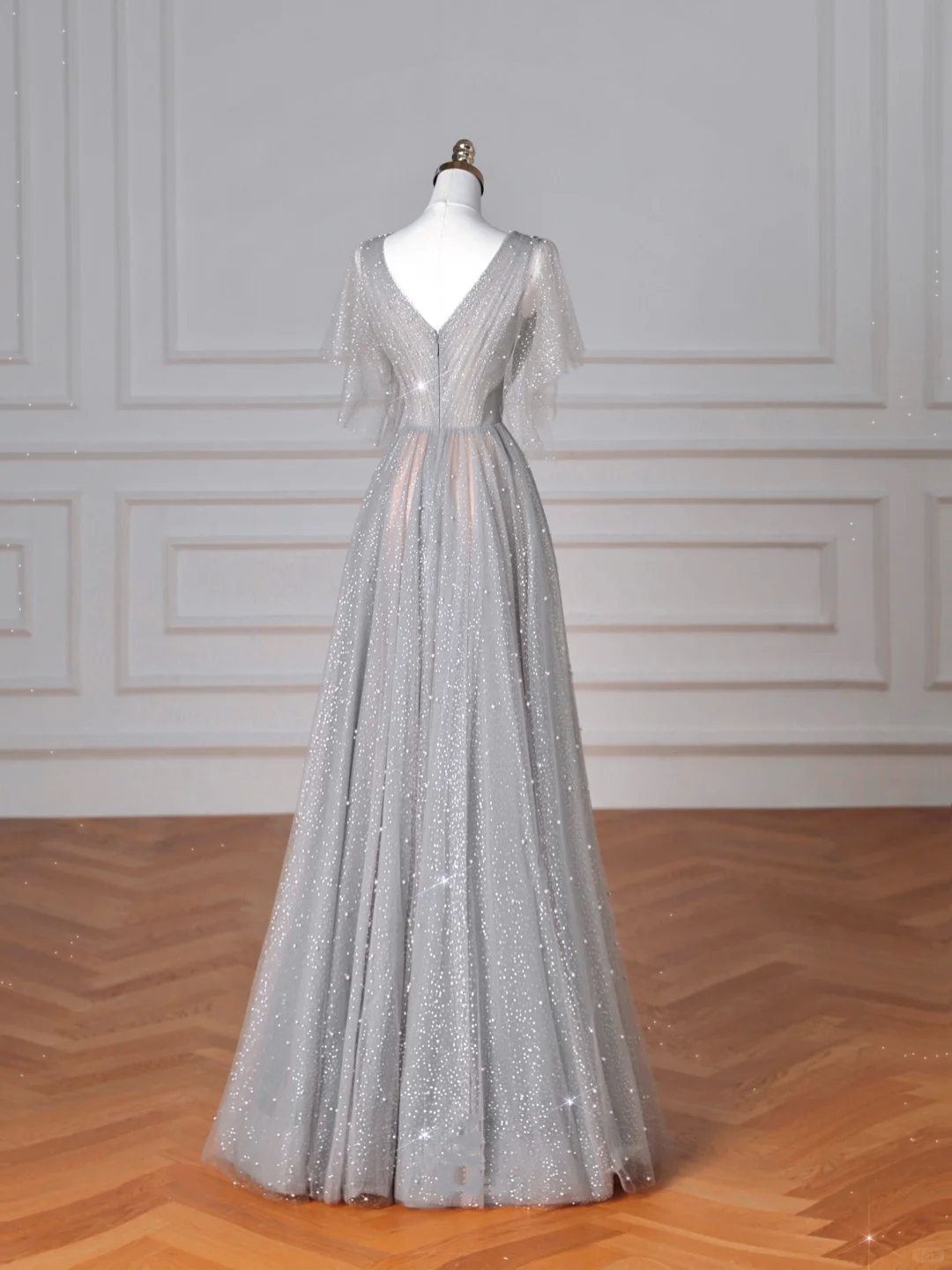 Vestido de fiesta de tul gris brillante con lentejuelas, corte A, sexy, escote en V, Y8638