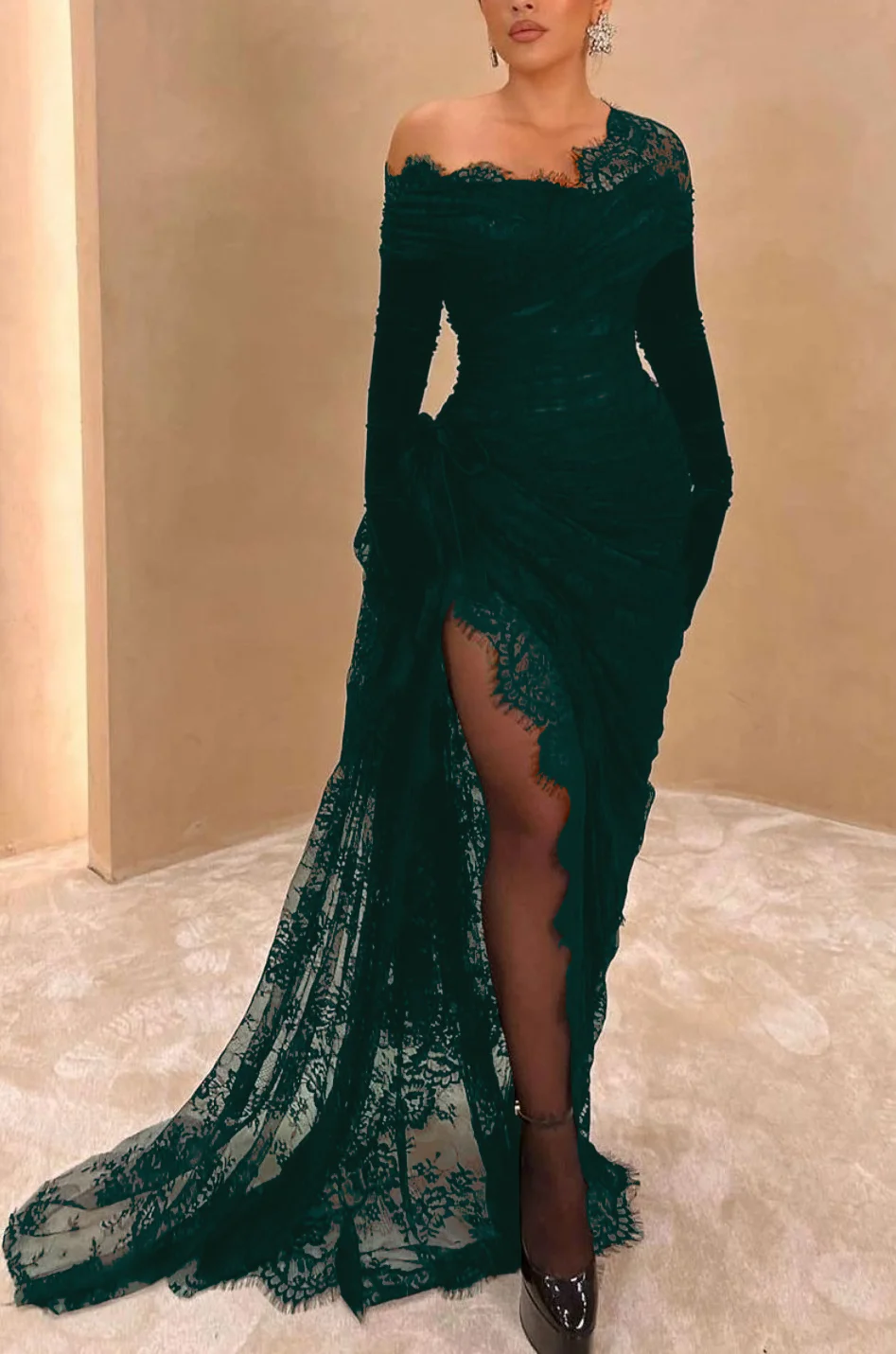Elegante vestido de fiesta de encaje negro asimétrico con abertura alta, vestido de noche largo Y7984