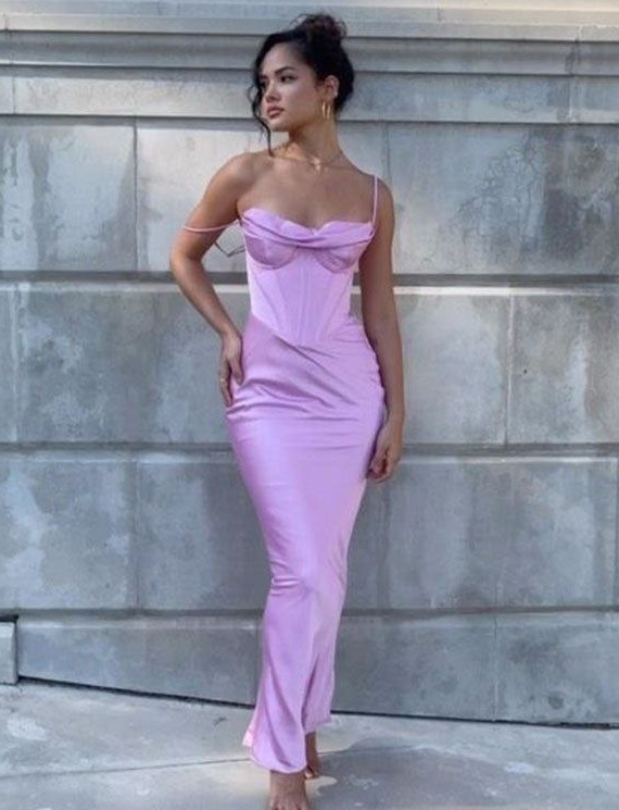 Vestido de noche sencillo de satén color lavanda con tirantes finos, vestido de fiesta de graduación Y8094