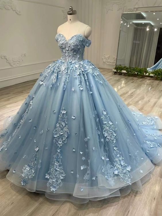 Vestido de fiesta azul con encaje y hombros descubiertos para mujer Y6764