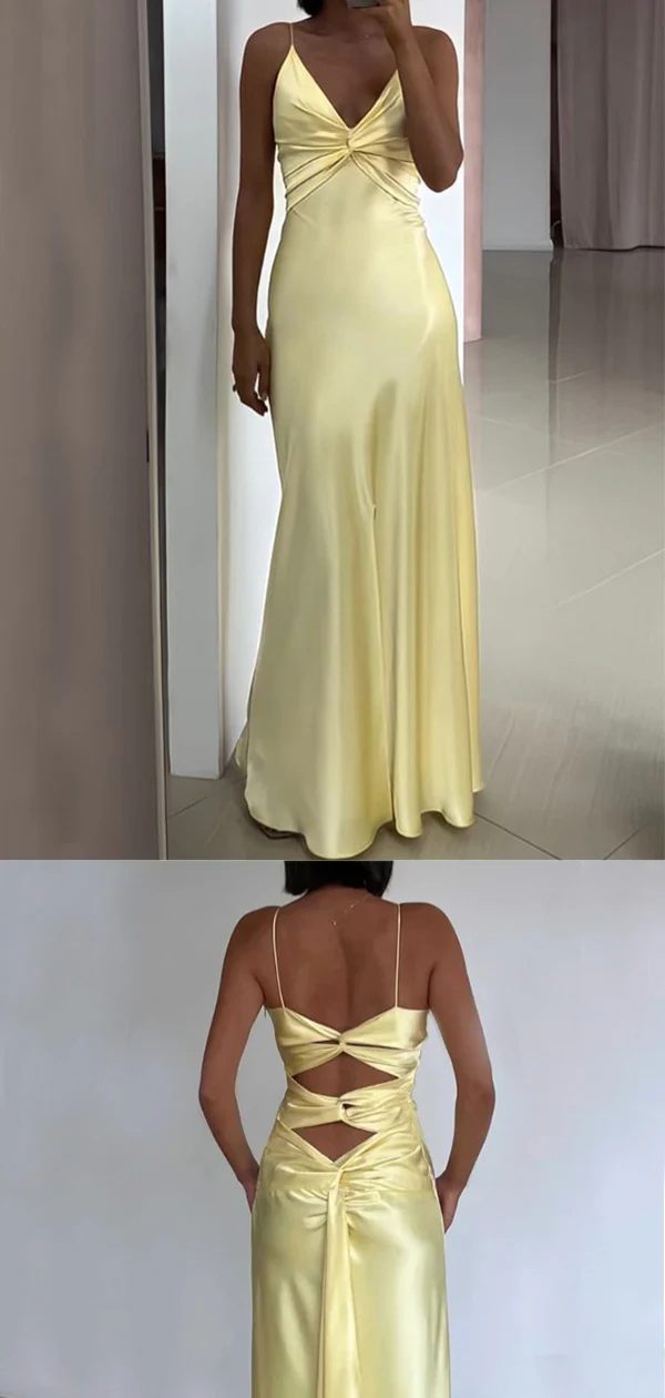 Vestido de noche sencillo de satén amarillo con escote en V y corte A, Y8551