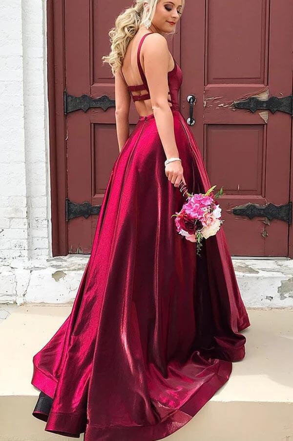 Taffeta A-line Scoop Spaghetti Straps Long Prom Dresses With Pockets