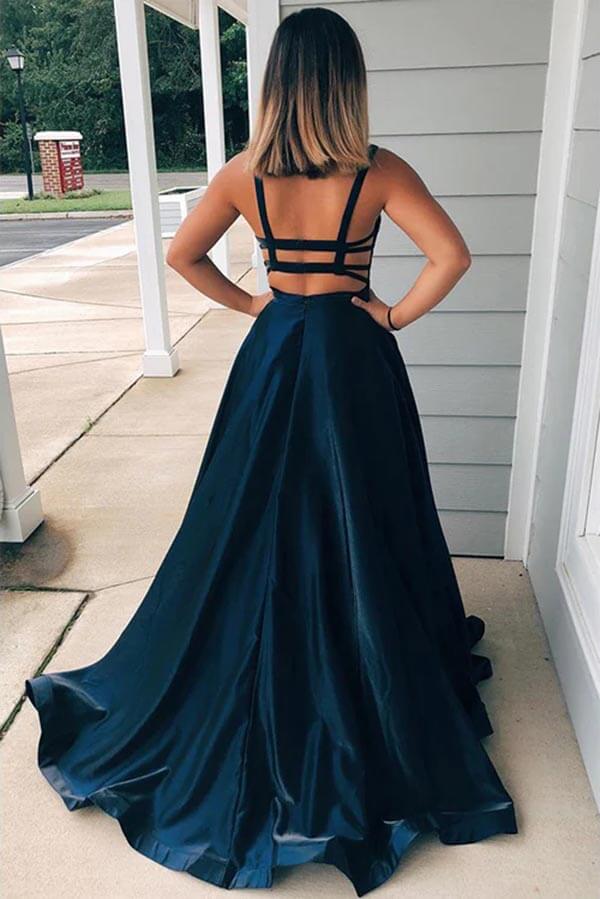 Taffeta A-line Scoop Spaghetti Straps Long Prom Dresses With Pockets