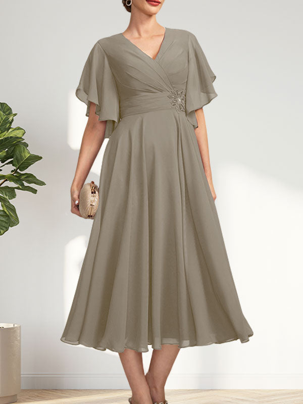 A-line V-Neck Tea-Length Chiffon Mother of the Bride Dress With Pleated Beading