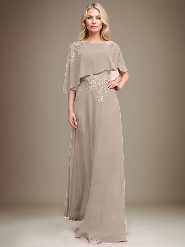 A-Linie U-Ausschnitt Bodenlang Chiffon Spitze Kleid für die Brautmutter mit Pailletten und Perlen
