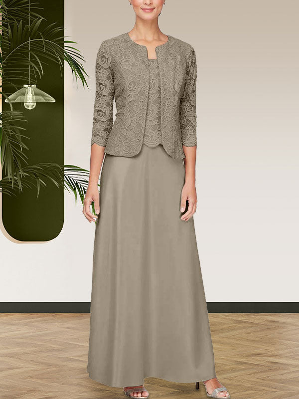 Jackenkleid aus Glitzerspitze und Satinrock mit offener Jacke
