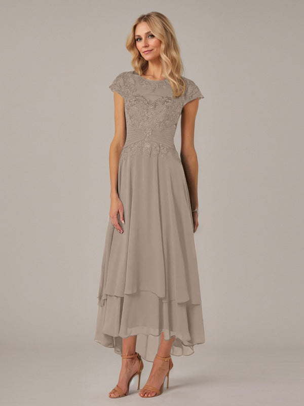 A-Linie, U-Boot-Ausschnitt, Illusion, asymmetrisches Chiffon-Spitzenkleid für die Brautmutter mit applizierten Falten