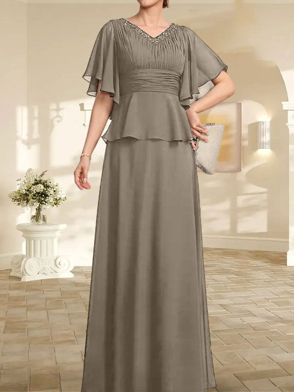 A-Linien-Kleid aus Chiffon mit V-Ausschnitt und bodenlangem Schnitt für die Brautmutter mit plissierten Perlen