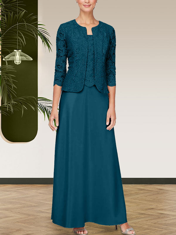 Jackenkleid aus Glitzerspitze und Satinrock mit offener Jacke