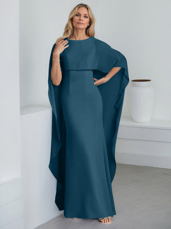 Bodenlanges Etui-Kleid aus Chiffon mit U-Ausschnitt und kaskadierenden Rüschen