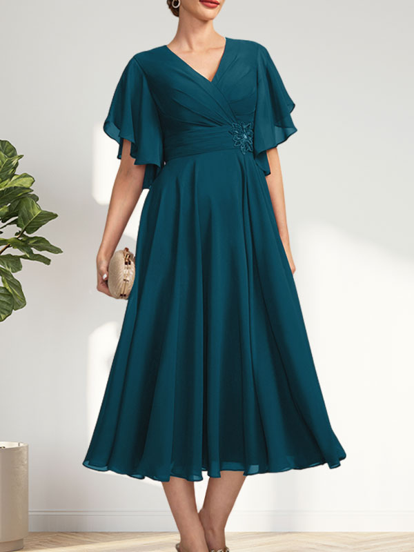 A-line V-Neck Tea-Length Chiffon Mother of the Bride Dress With Pleated Beading
