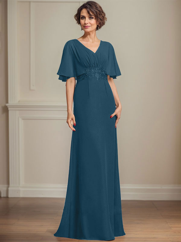 A-Linie V-Ausschnitt Bodenlanges Chiffonkleid für die Brautmutter mit plissierten Paillettenapplikationen Spitze