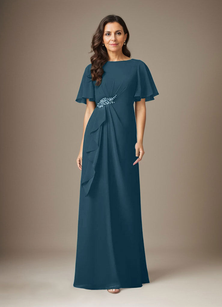 Dunkelmarineblaues Etuikleid aus Chiffon mit Perlen