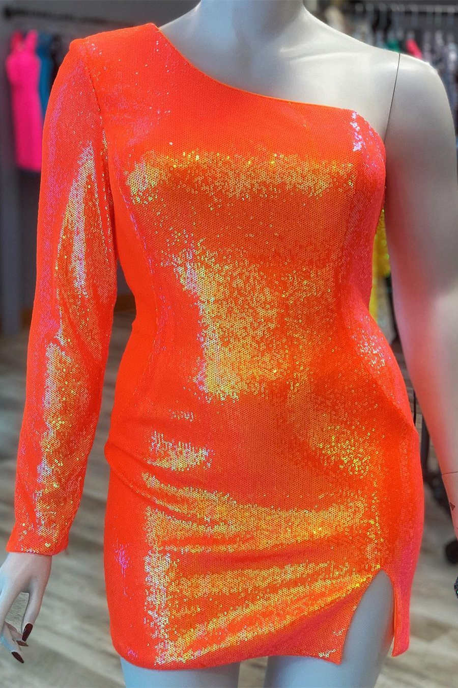 Blue Sequin Hoco Dress One Sleeve Short Homecoming Dress SYH21