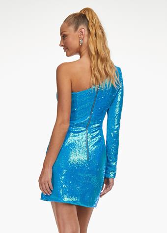 Blue Sequin Hoco Dress One Sleeve Short Homecoming Dress SYH21