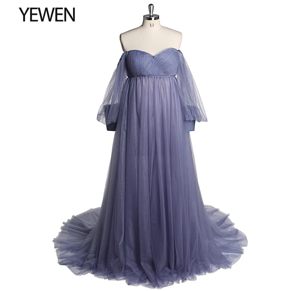 Sunnderly Umstandskleid aus Tüll mit schulterfreier Spitze auf der Rückseite, vorne offen, für Fotoshootings, Babypartys