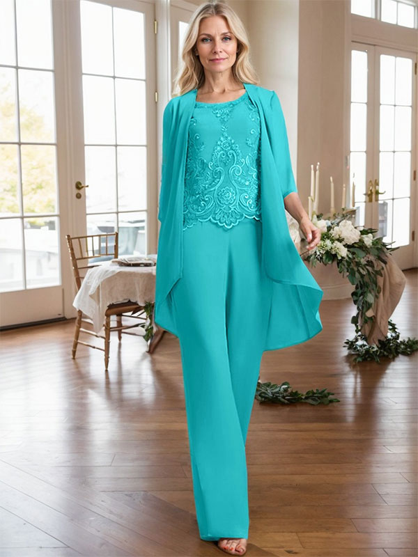 Separates Jumpsuit/Hosenanzug, U-Ausschnitt, bodenlanges Chiffon-Spitzenkleid für die Brautmutter mit Perlen und Pailletten