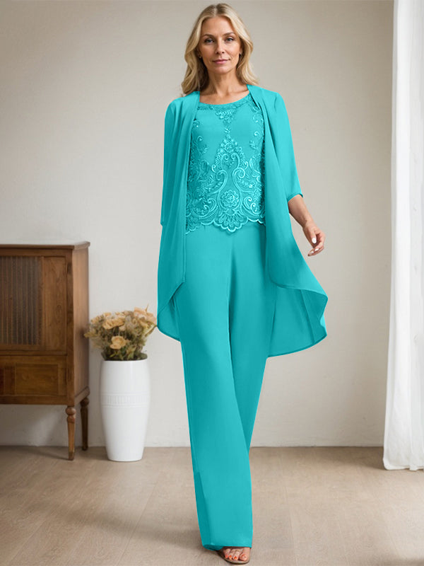 Separates Jumpsuit/Hosenanzug, U-Ausschnitt, bodenlanges Chiffon-Spitzenkleid für die Brautmutter mit Perlen und Pailletten