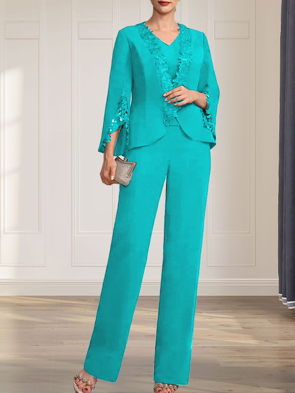 Separates Jumpsuit/Hosenanzug V-Ausschnitt Bodenlanges Chiffonkleid für die Brautmutter