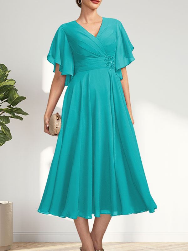 A-line V-Neck Tea-Length Chiffon Mother of the Bride Dress With Pleated Beading