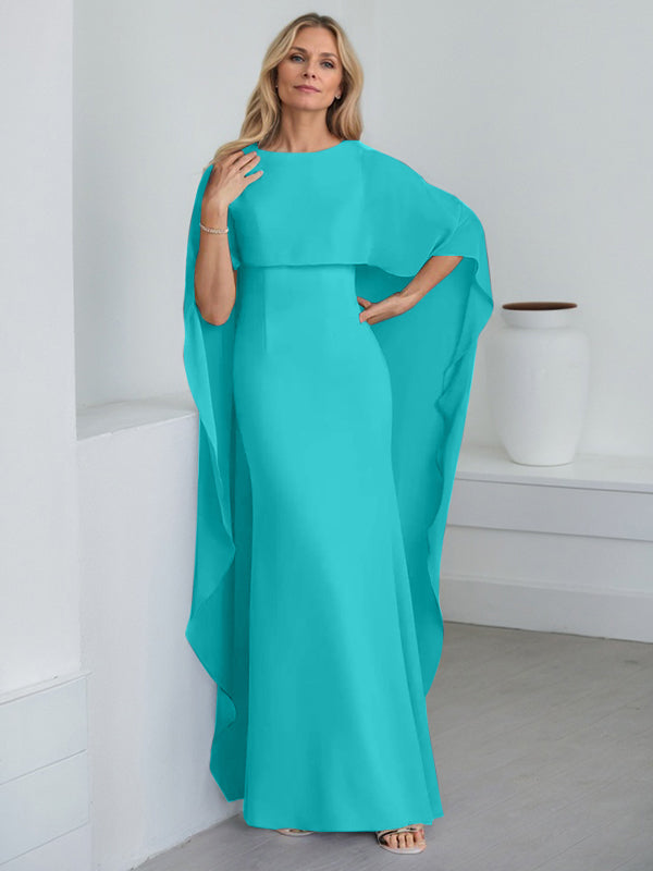 Bodenlanges Etui-Kleid aus Chiffon mit U-Ausschnitt und kaskadierenden Rüschen