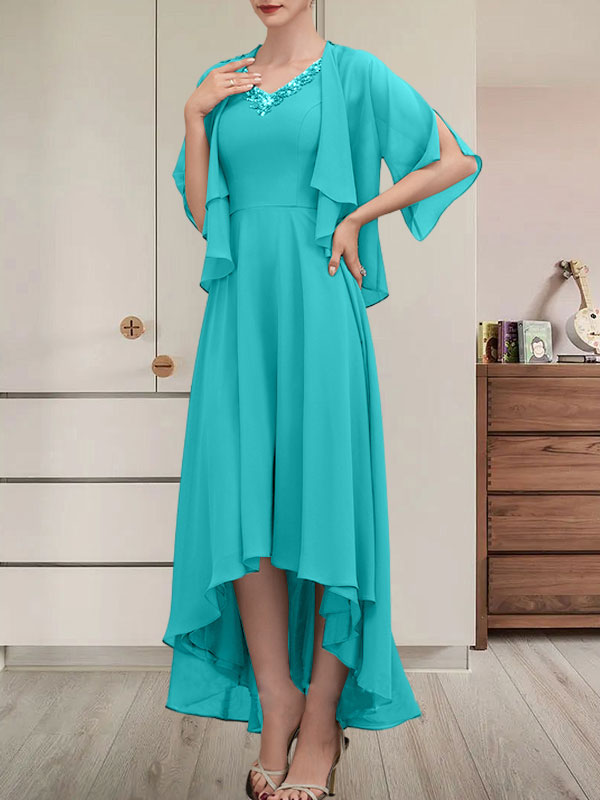 A-Linien-Kleid mit V-Ausschnitt, asymmetrischem Chiffon für die Brautmutter mit Perlen und Pailletten