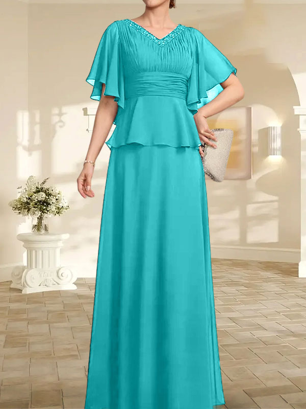 A-Linien-Kleid aus Chiffon mit V-Ausschnitt und bodenlangem Schnitt für die Brautmutter mit plissierten Perlen
