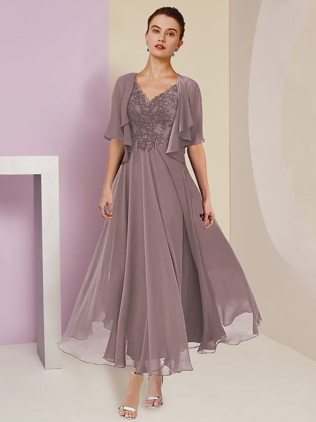 Vestidos de madre de la novia de corte A/princesa, escote en V y largo hasta la rodilla