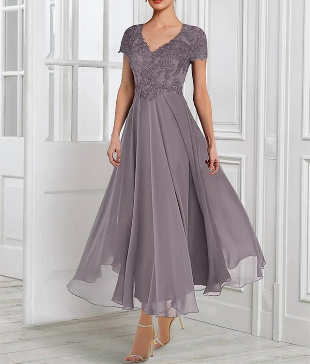 A-Line/Princess Chiffon V Neck Short Sleeves Mother of the Bride Dresses with Lace Jacket Pleats Appliques