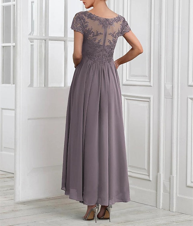 A-Line/Princess Chiffon V Neck Short Sleeves Mother of the Bride Dresses with Lace Jacket Pleats Appliques