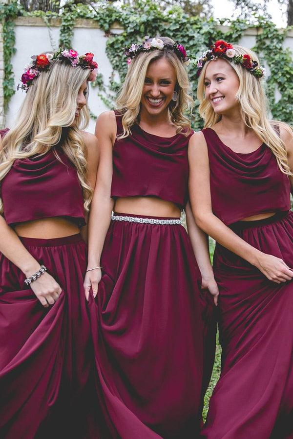 Two Piece A Line Burgundy Long Bridesmaid Dresses BD095