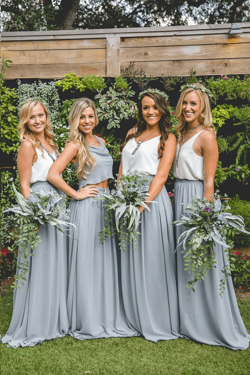 Two Piece A Line Burgundy Long Bridesmaid Dresses BD095
