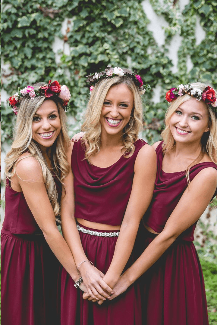Two Piece A Line Burgundy Long Bridesmaid Dresses BD095